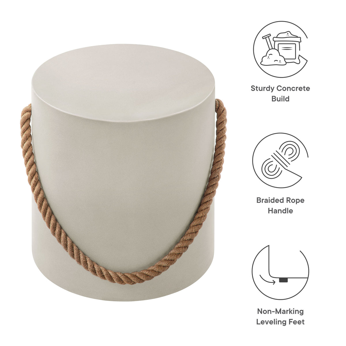 Isera Indoor - Outdoor Patio Rope Concrete Side Table Stool - Light Gray