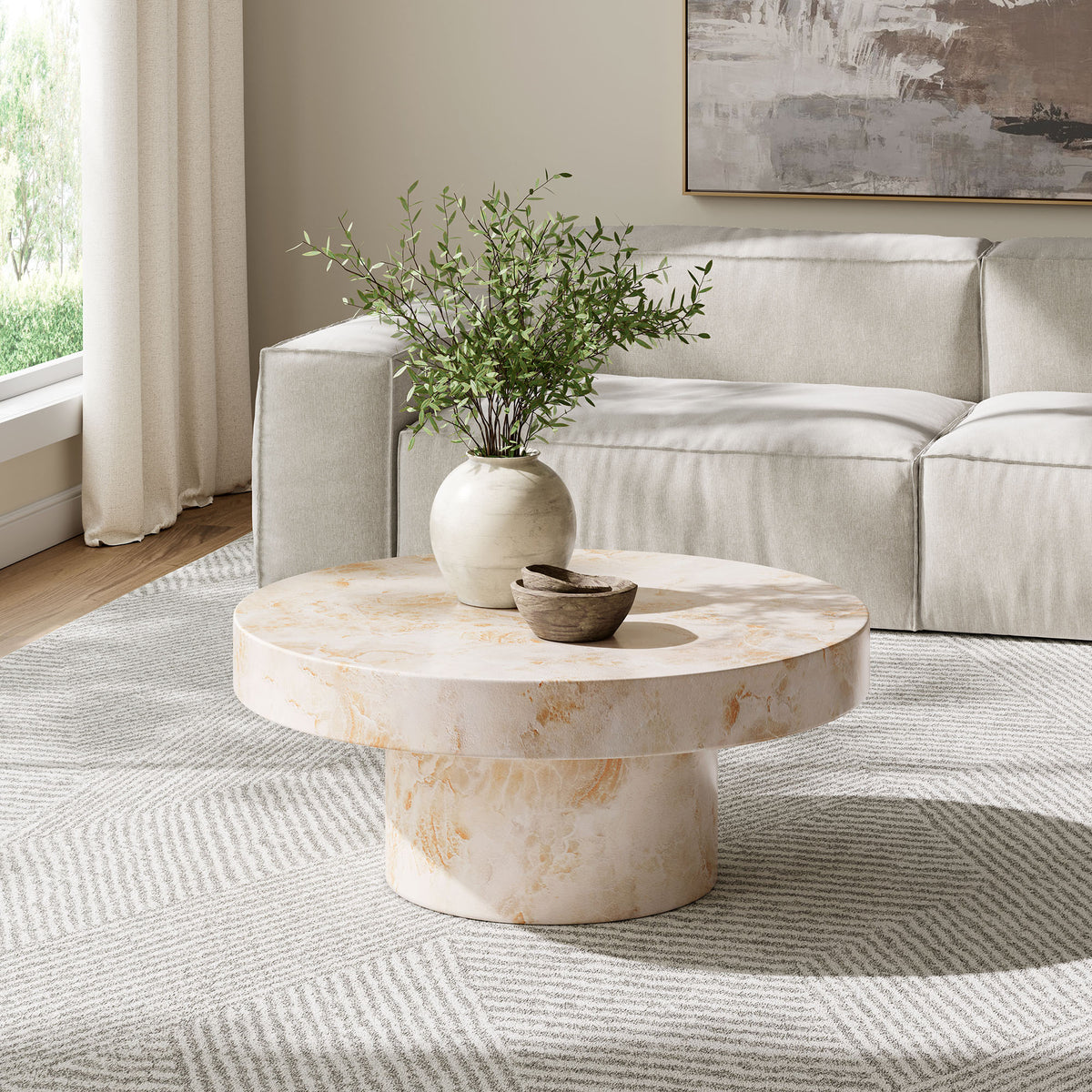 Alora Indoor - Outdoor Patio Concrete Round Coffee Table - Honey Onyx