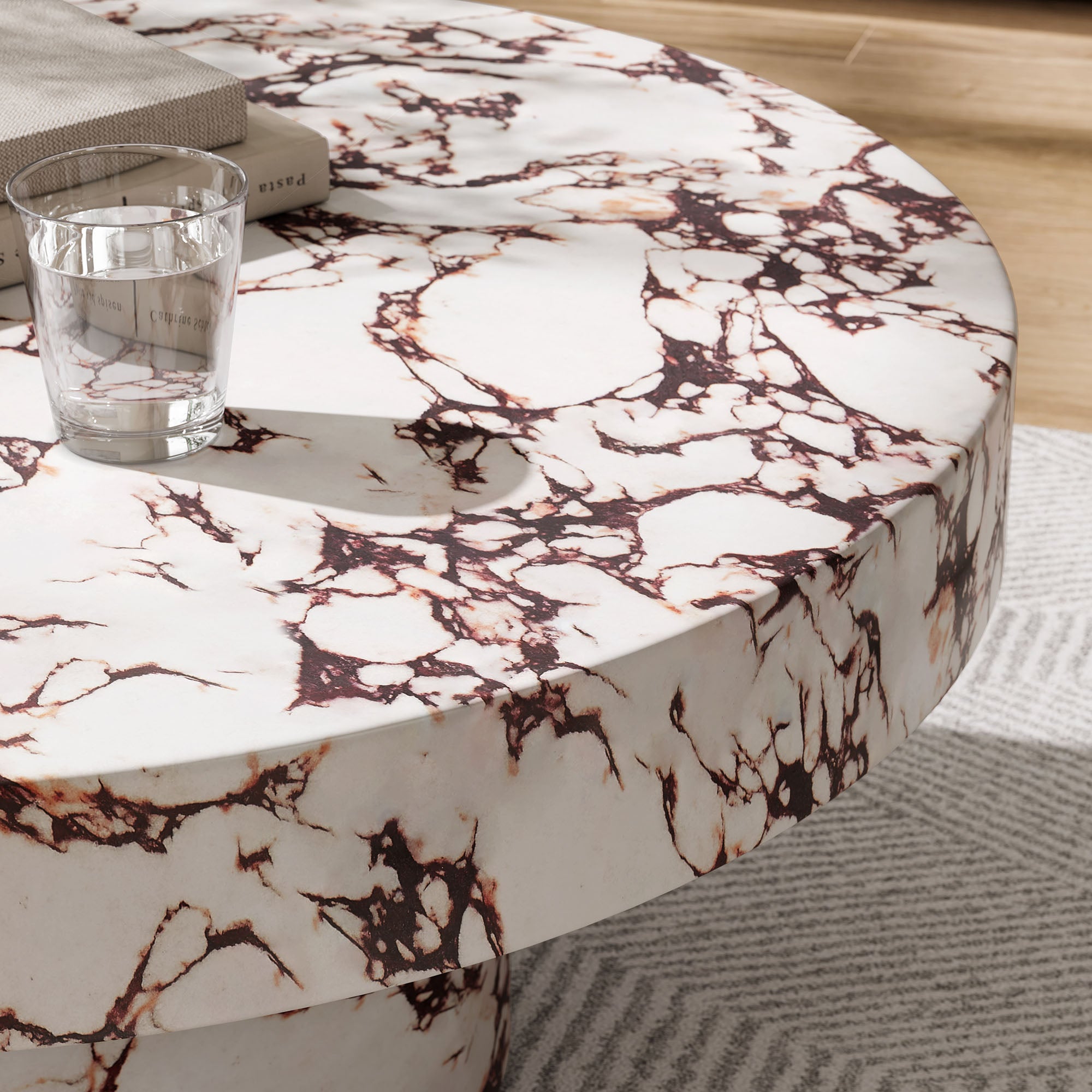 Alora Indoor - Outdoor Patio Concrete Round Coffee Table - Red Marble