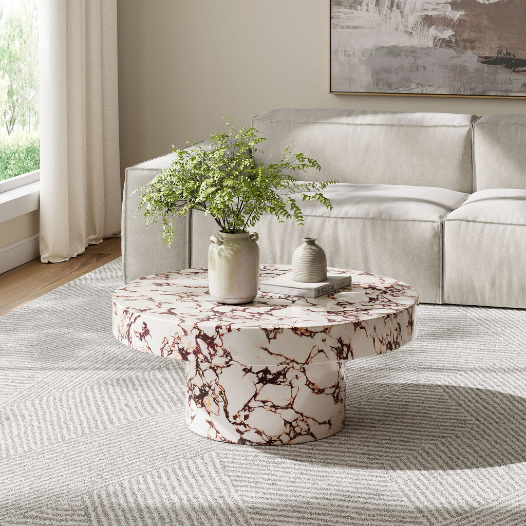 Alora Indoor - Outdoor Patio Concrete Round Coffee Table - Red Marble