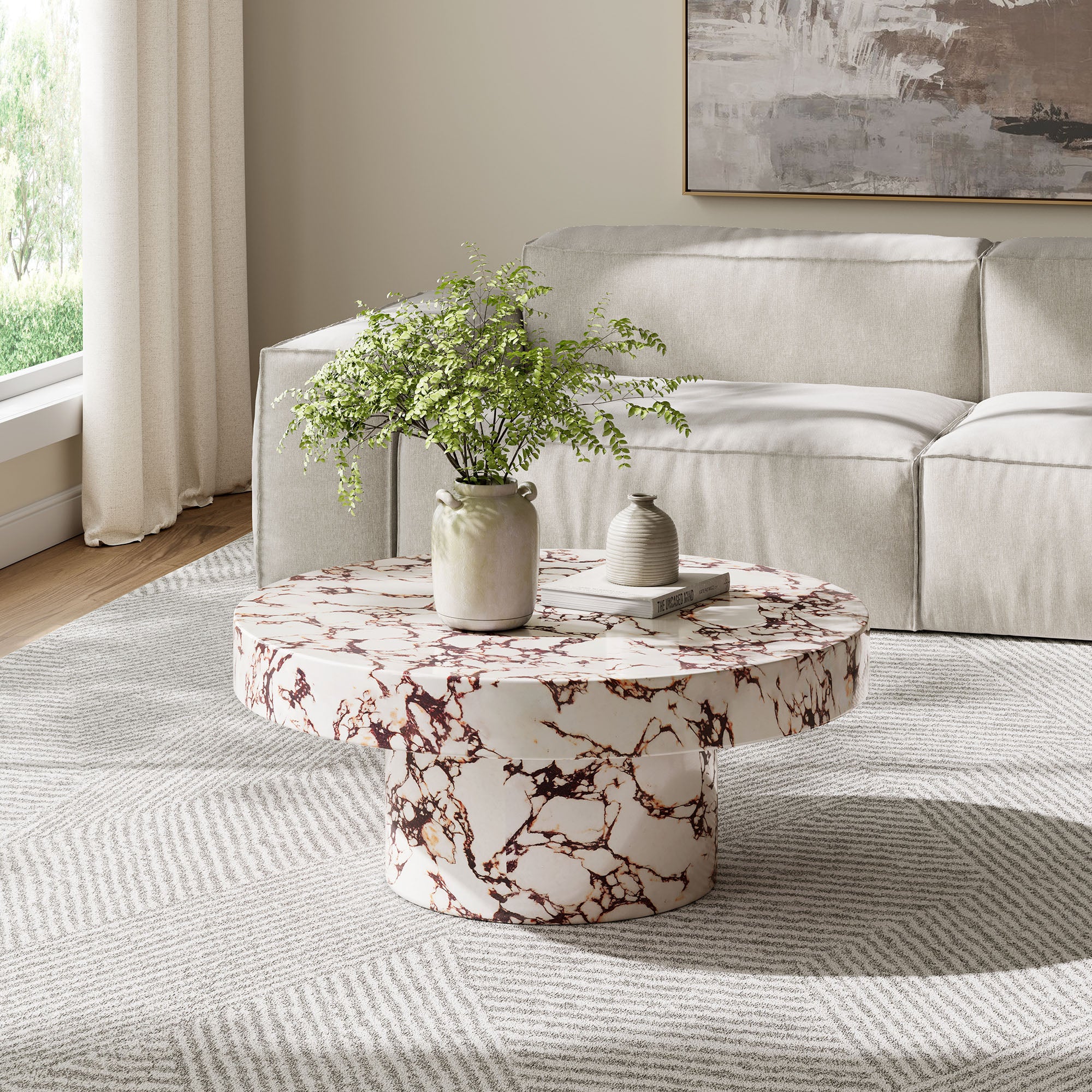 Alora Indoor - Outdoor Patio Concrete Round Coffee Table - Red Marble