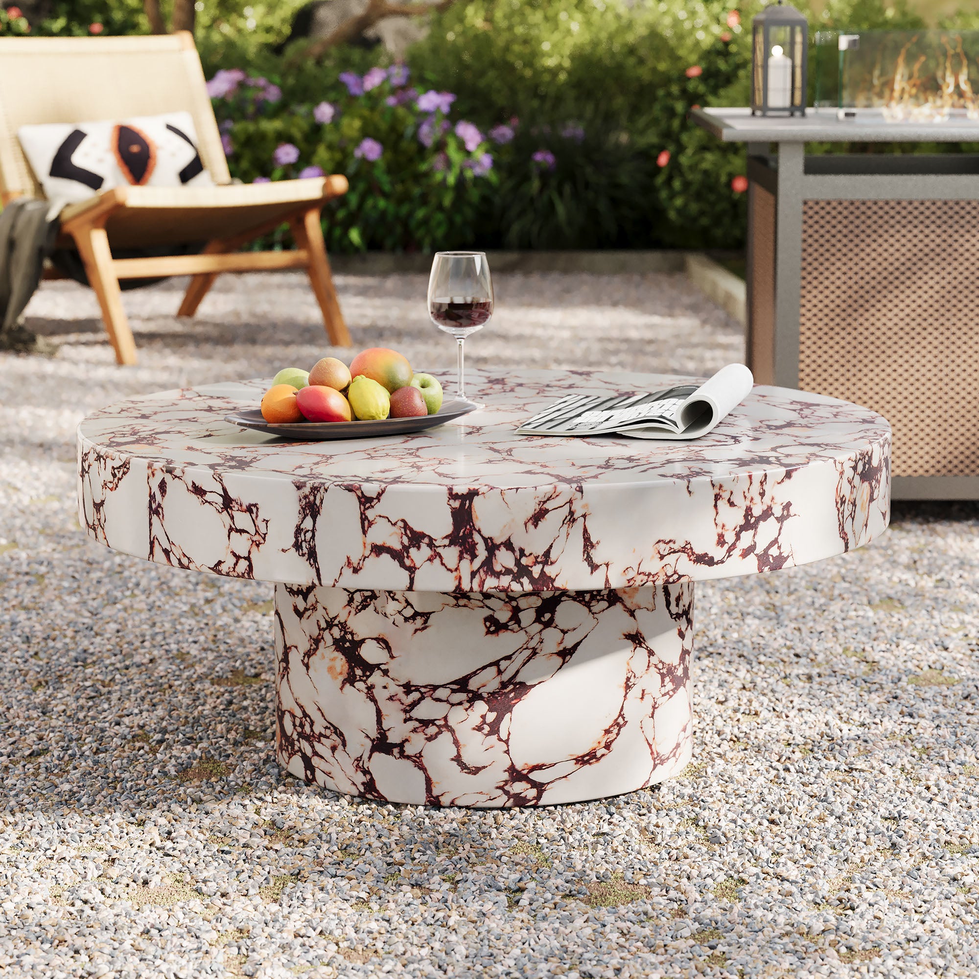 Alora Indoor - Outdoor Patio Concrete Round Coffee Table - Red Marble