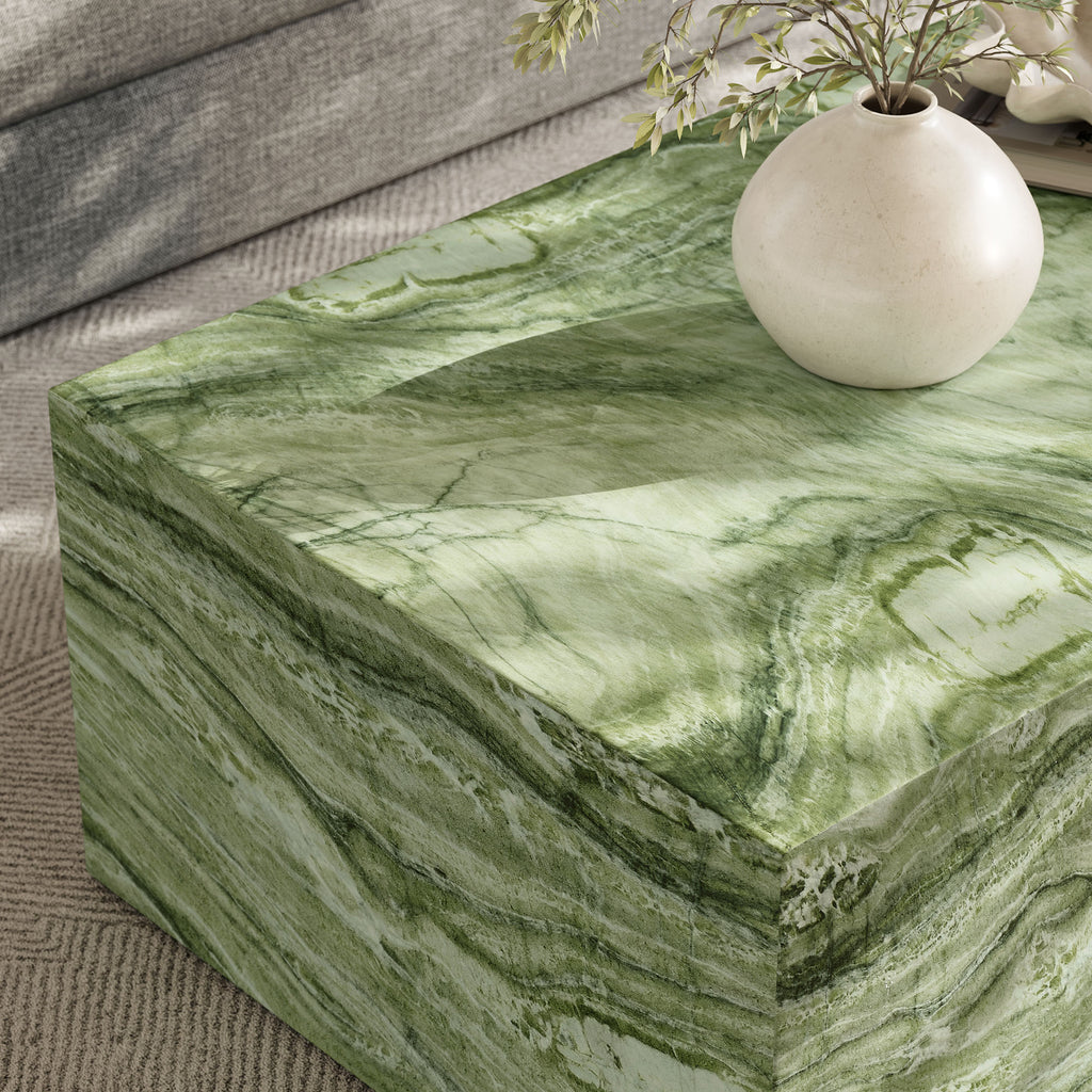 Jordana Square Plinth Indoor - Outdoor Patio Concrete Coffee Table - Green Marble