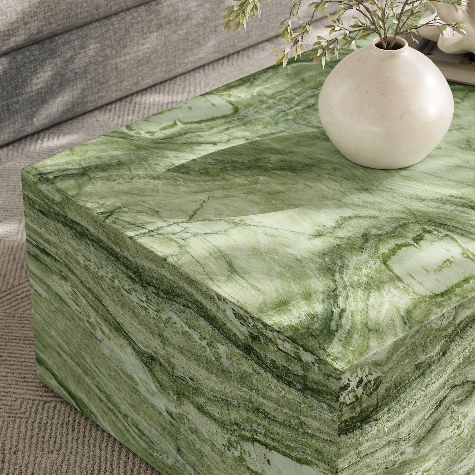 Jordana Square Plinth Indoor - Outdoor Patio Concrete Coffee Table - Green Marble