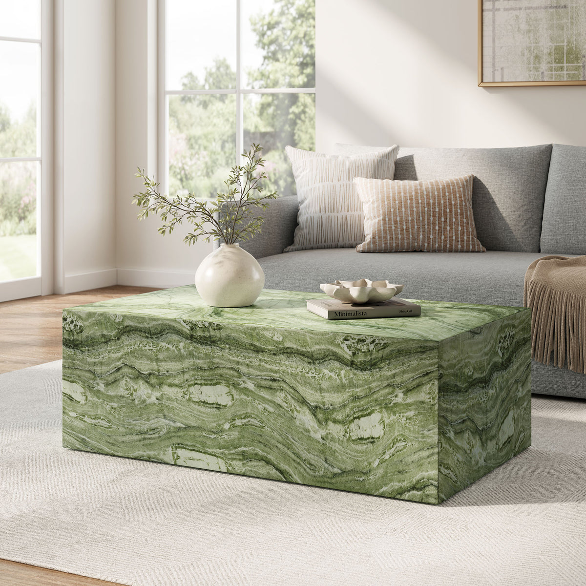 Jordana Square Plinth Indoor - Outdoor Patio Concrete Coffee Table - Green Marble
