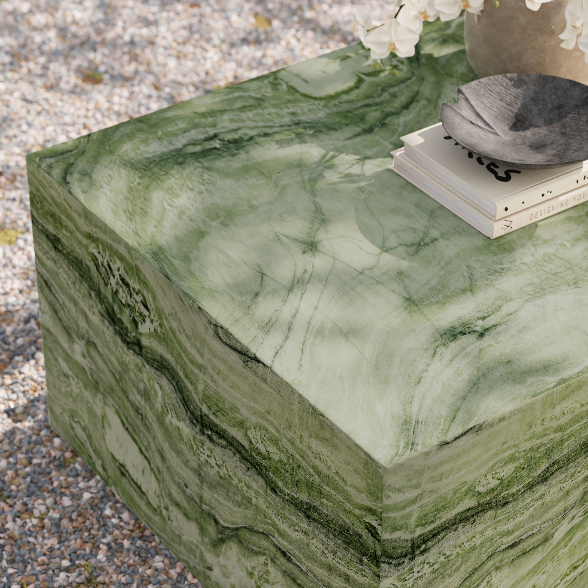 Jordana Square Plinth Indoor - Outdoor Patio Concrete Coffee Table - Green Marble
