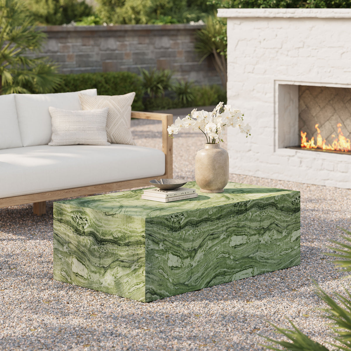 Jordana Square Plinth Indoor - Outdoor Patio Concrete Coffee Table - Green Marble