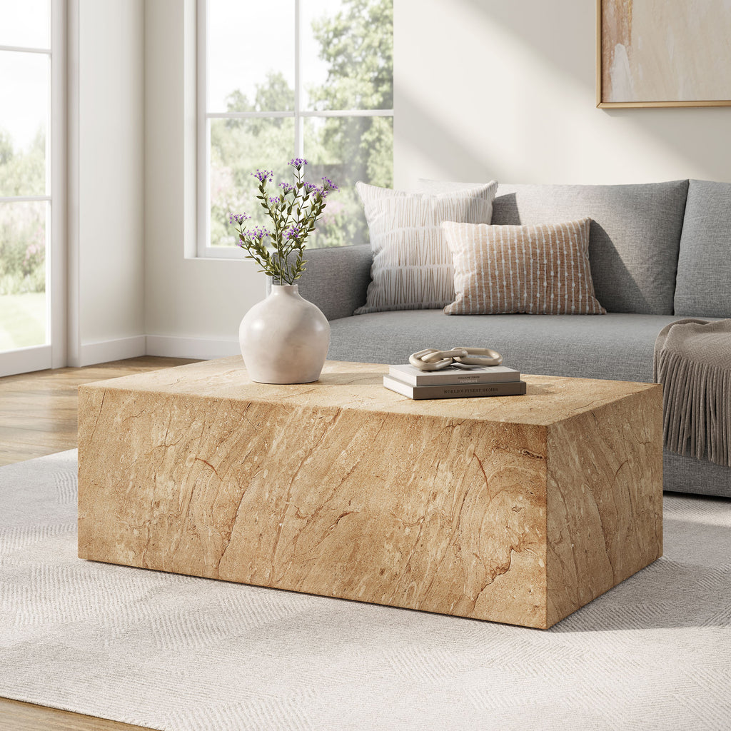 Jordana Square Plinth Indoor - Outdoor Patio Concrete Coffee Table - Travertine