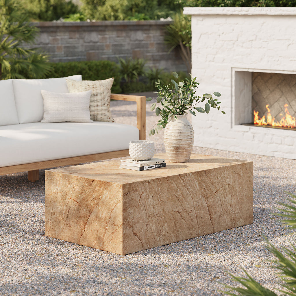 Jordana Square Plinth Indoor - Outdoor Patio Concrete Coffee Table - Travertine