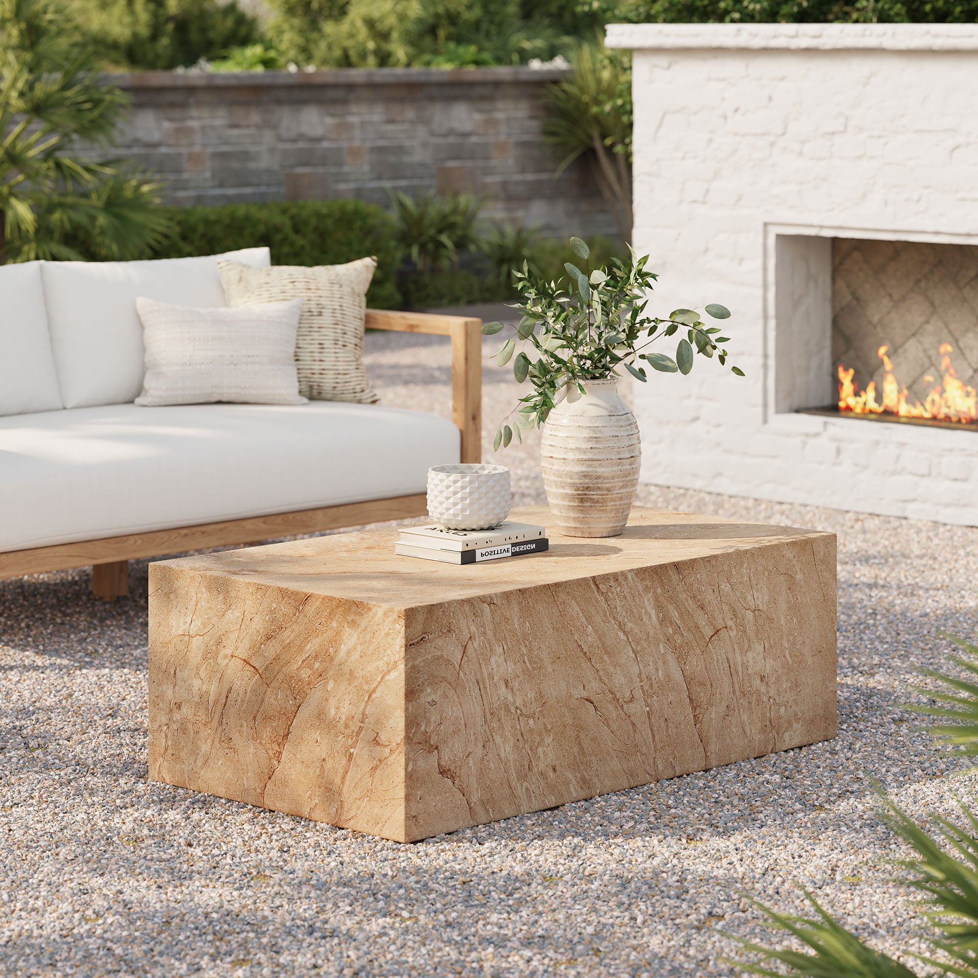 Jordana Square Plinth Indoor - Outdoor Patio Concrete Coffee Table - Travertine