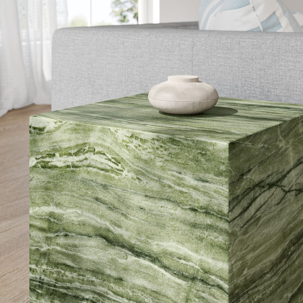 Jordana Square Plinth Indoor - Outdoor Patio Concrete Side Table - Green Marble