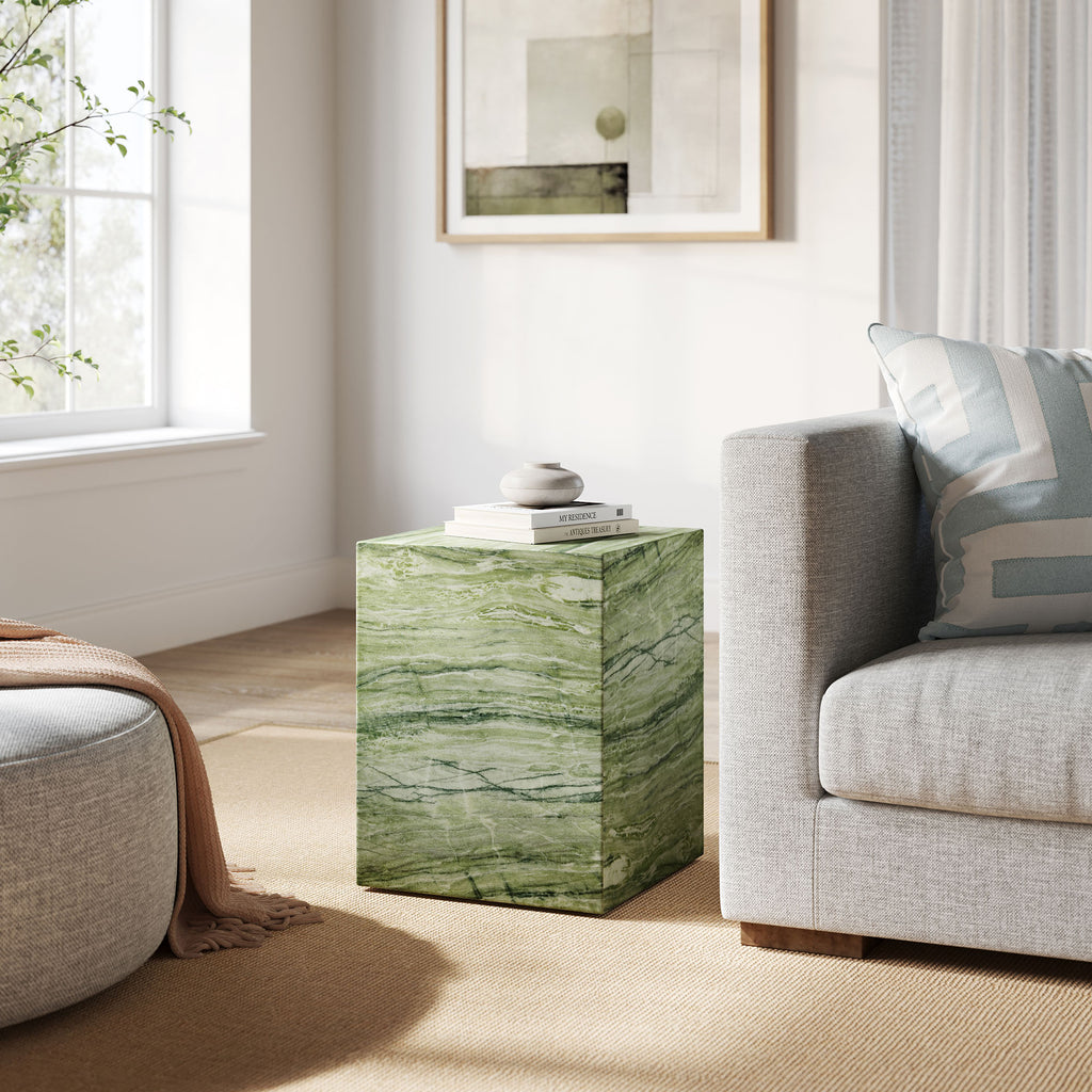 Jordana Square Plinth Indoor - Outdoor Patio Concrete Side Table - Green Marble