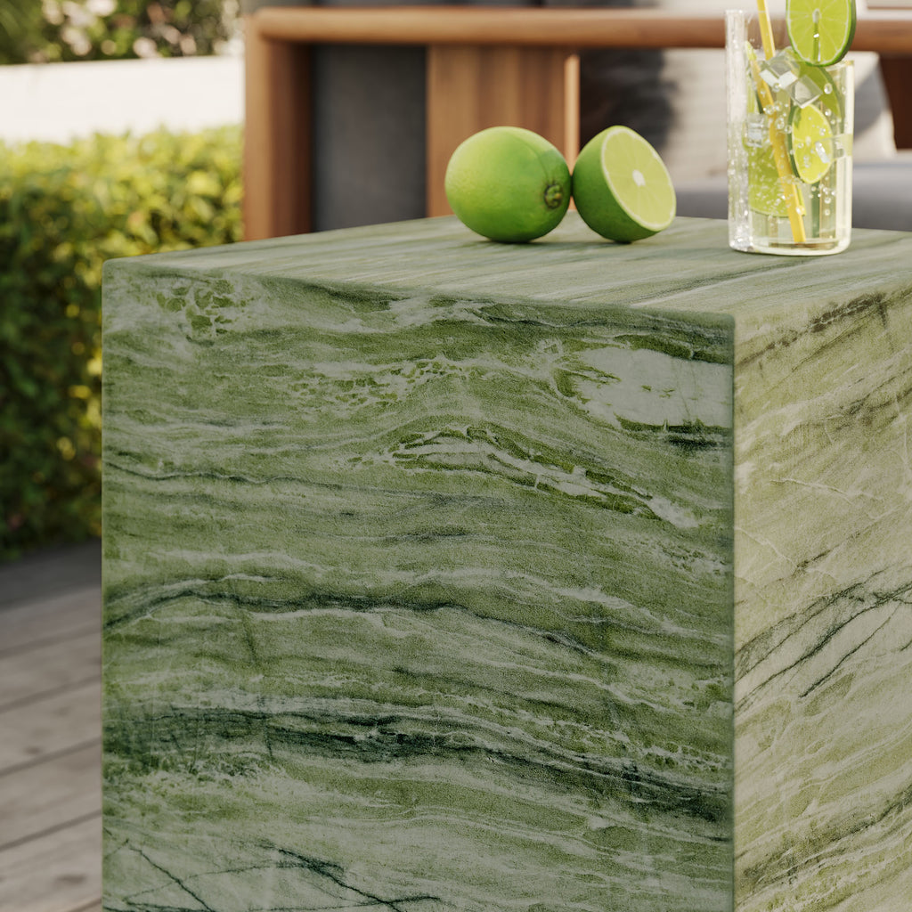 Jordana Square Plinth Indoor - Outdoor Patio Concrete Side Table - Green Marble