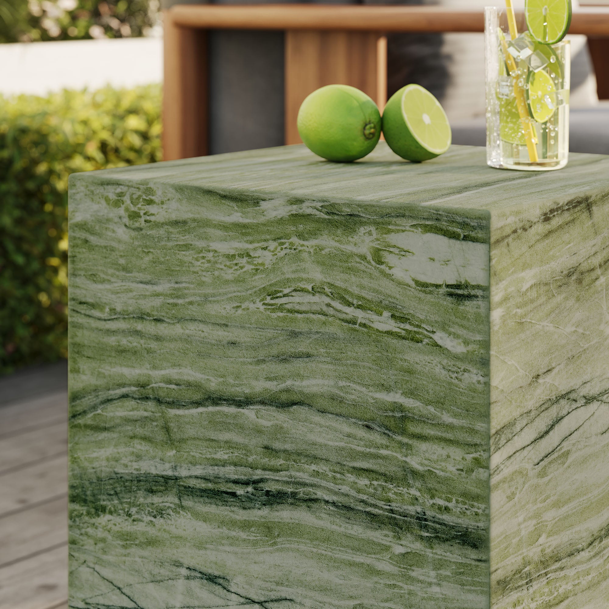 Jordana Square Plinth Indoor - Outdoor Patio Concrete Side Table - Green Marble