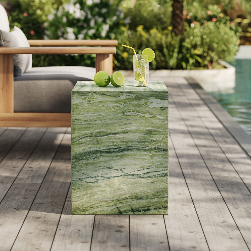 Jordana Square Plinth Indoor - Outdoor Patio Concrete Side Table - Green Marble