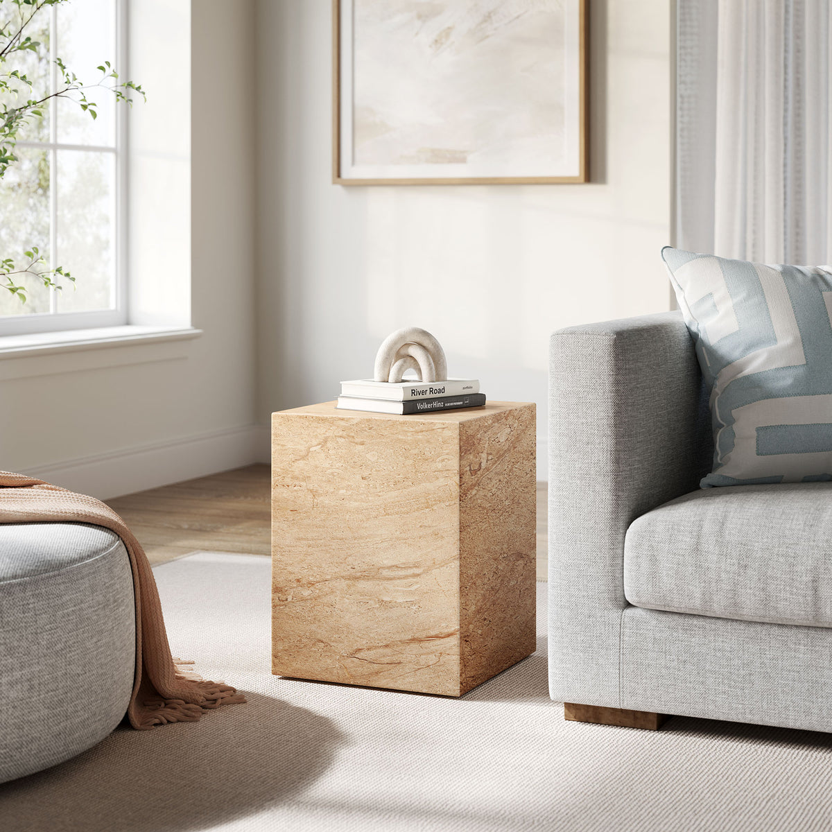 Jordana Square Plinth Indoor - Outdoor Patio Concrete Side Table - Travertine