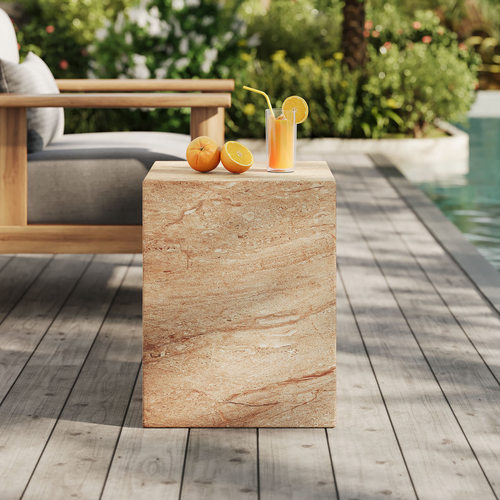 Jordana Square Plinth Indoor - Outdoor Patio Concrete Side Table - Travertine