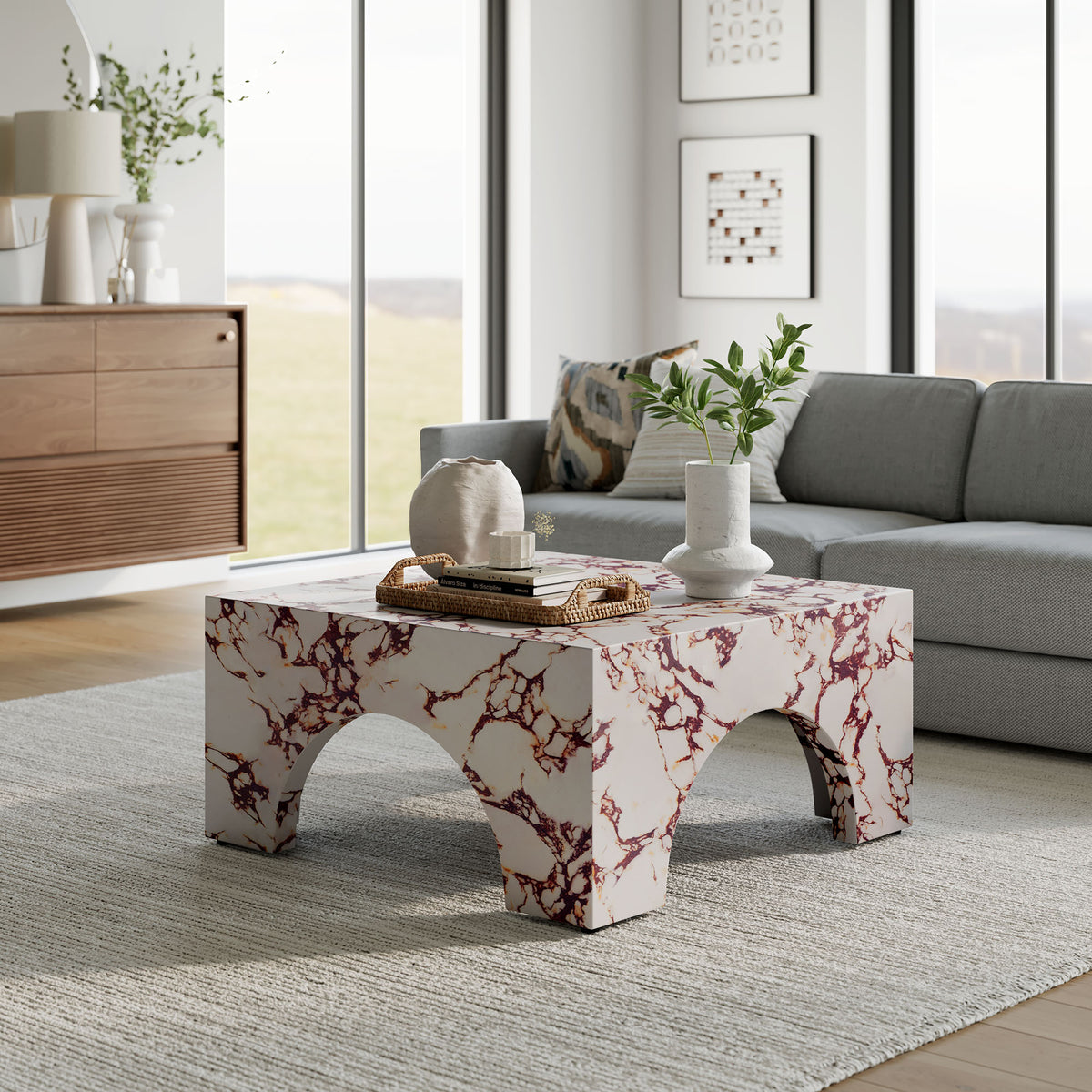 Valen Indoor - Outdoor Patio Arched Concrete Coffee Table - Red Marble