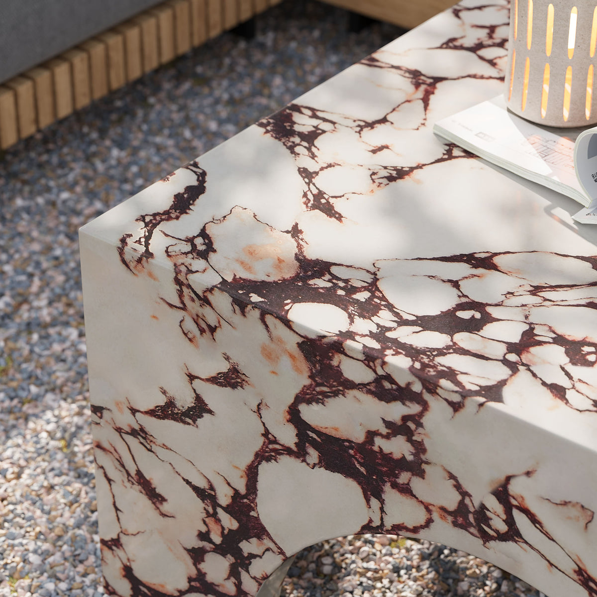 Valen Indoor - Outdoor Patio Arched Concrete Coffee Table - Red Marble