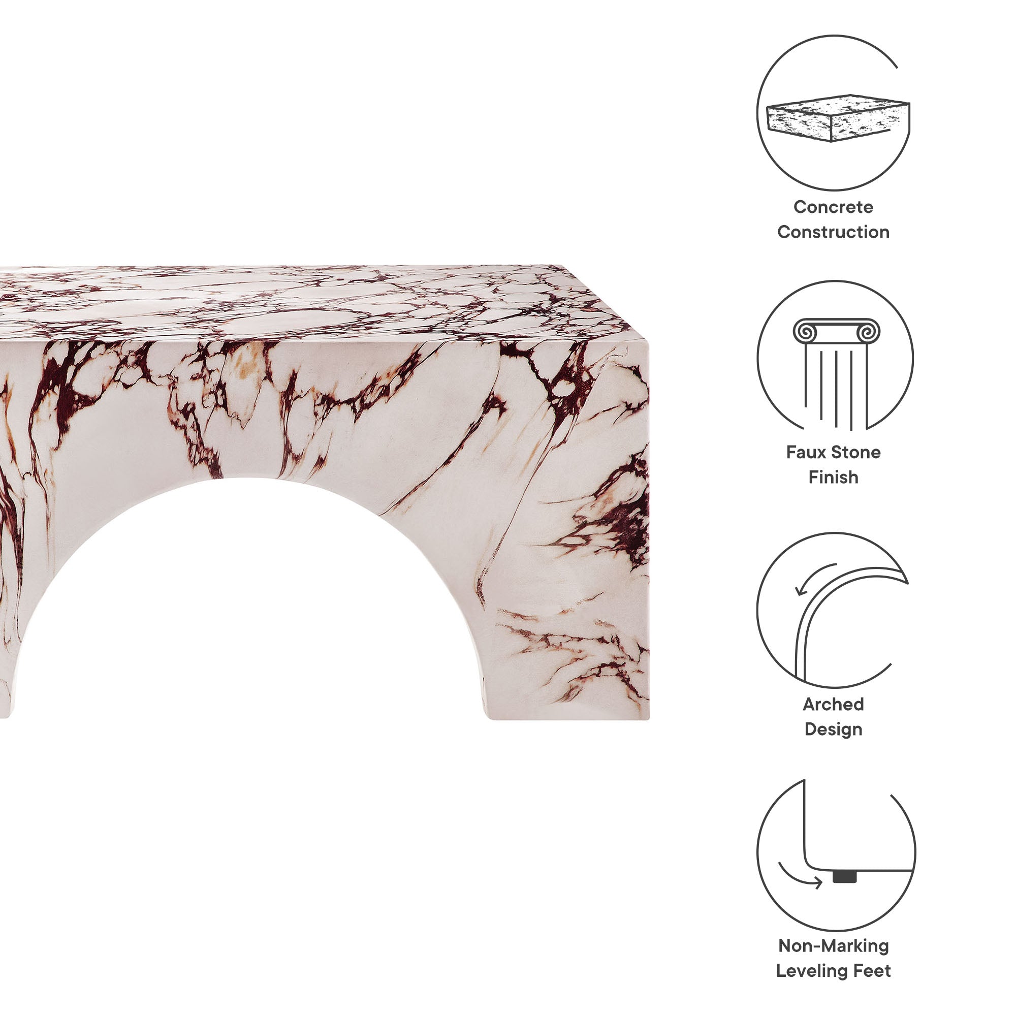 Valen Indoor - Outdoor Patio Arched Concrete Coffee Table - Red Marble