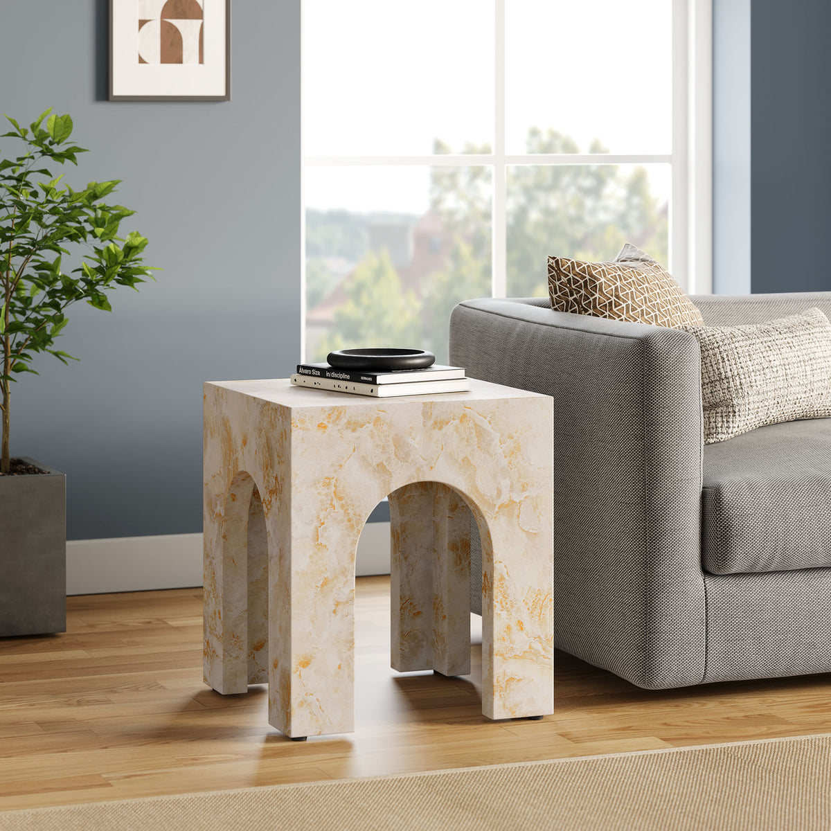Valen Square Indoor - Outdoor Patio Arched Concrete Side Table - Honey Onyx