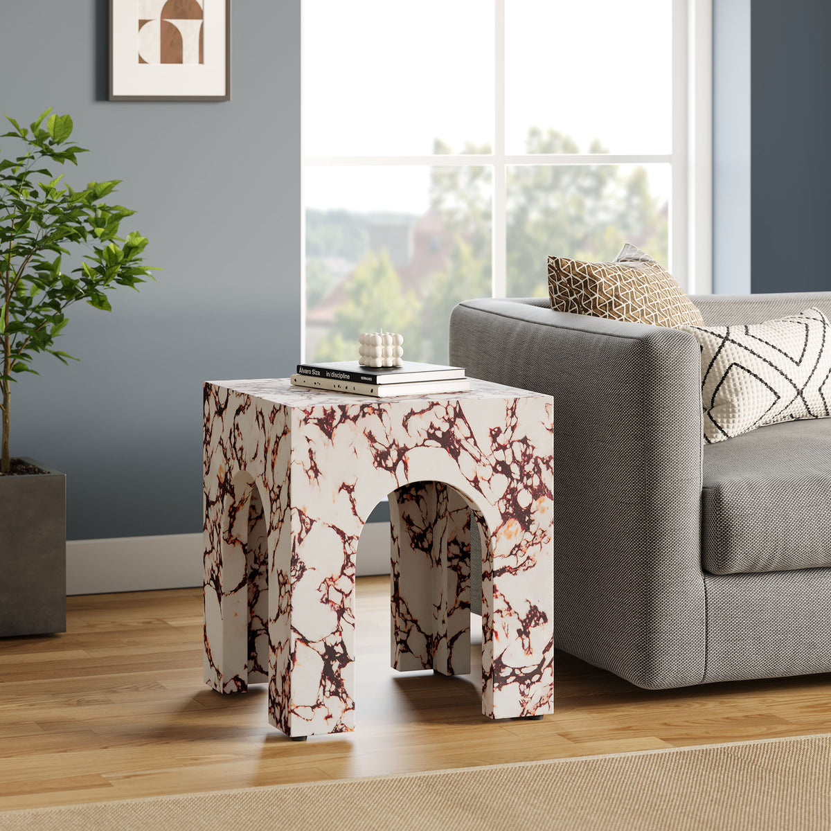 Valen Square Indoor - Outdoor Patio Arched Concrete Side Table - Red Marble