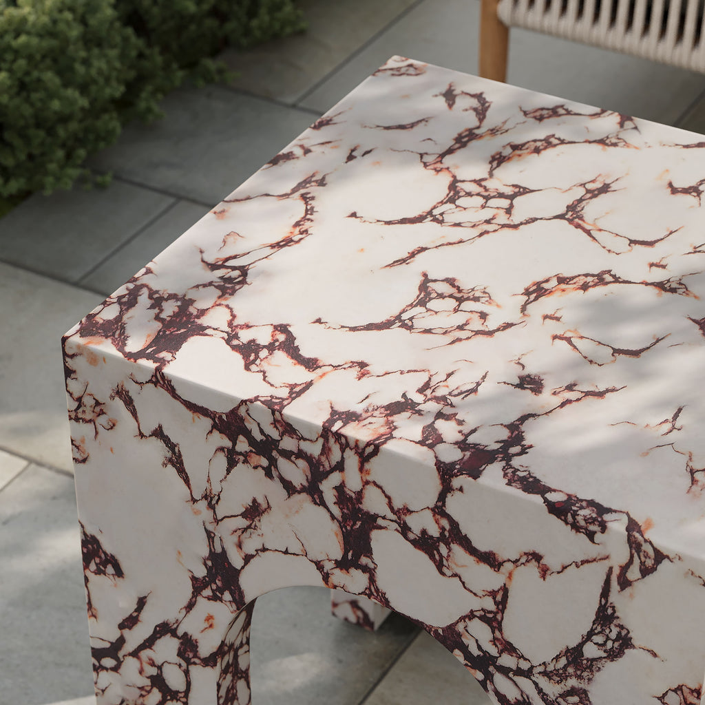 Valen Square Indoor - Outdoor Patio Arched Concrete Side Table - Red Marble