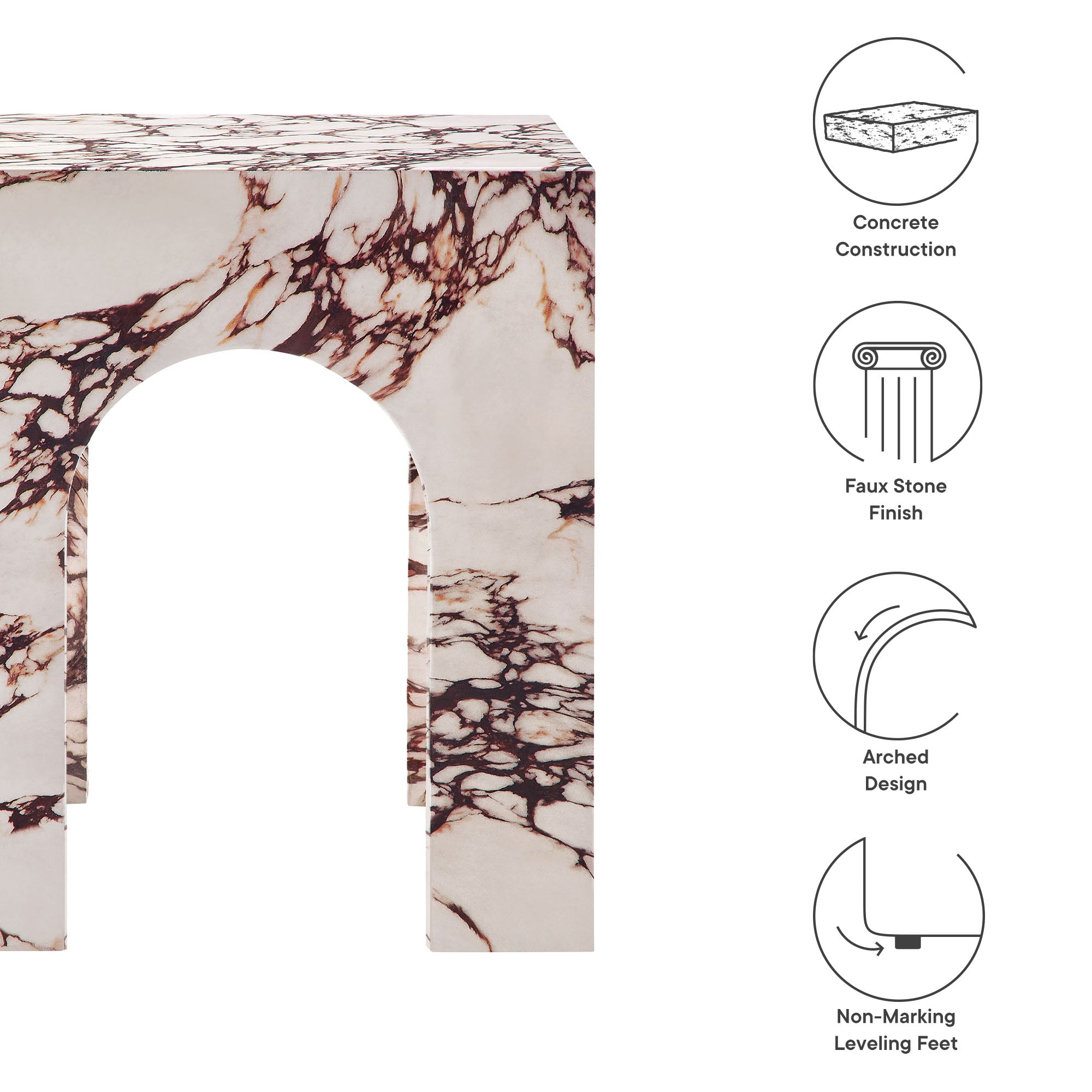 Valen Square Indoor - Outdoor Patio Arched Concrete Side Table - Red Marble