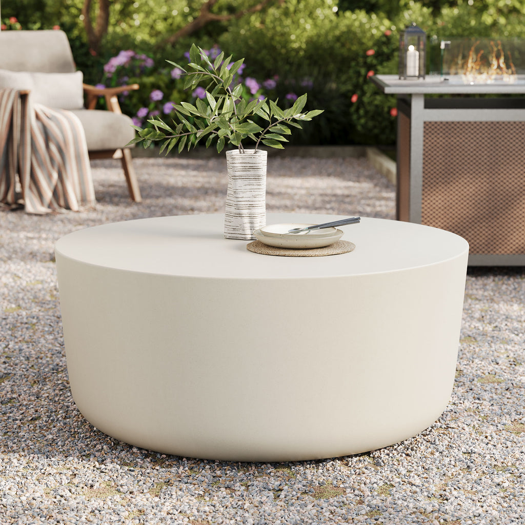 Brion Round Indoor - Outdoor Patio Concrete Coffee Table - White