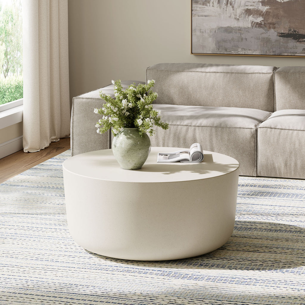 Brion Round Indoor - Outdoor Patio Concrete Coffee Table - White