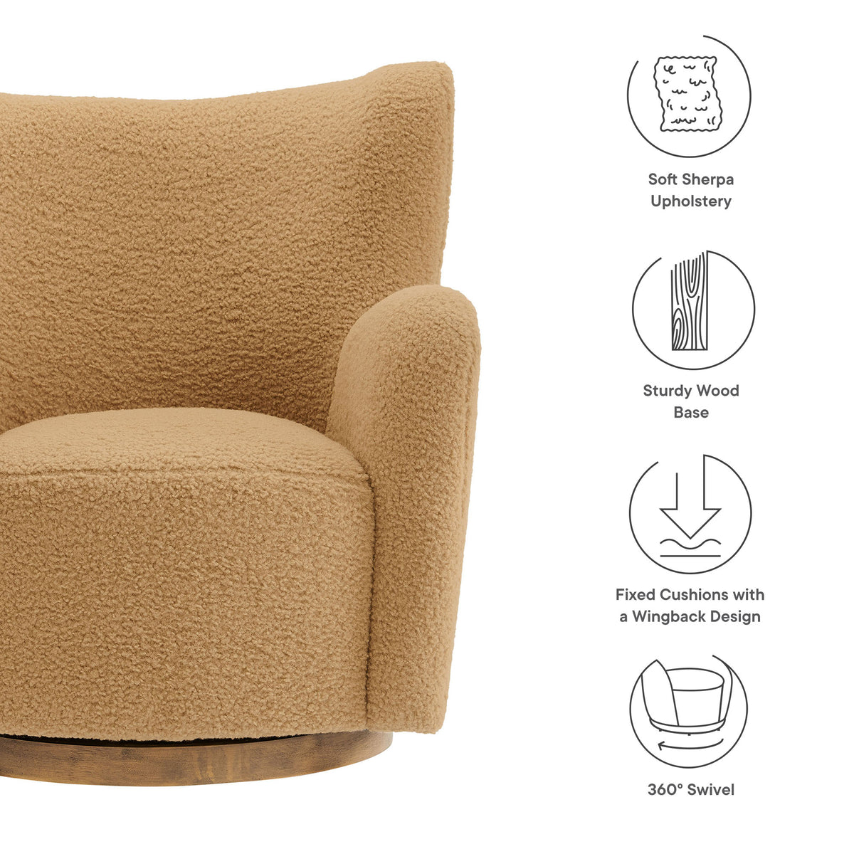 Montrose Wingback Sherpa Swivel Accent Chair - Camel Walnut