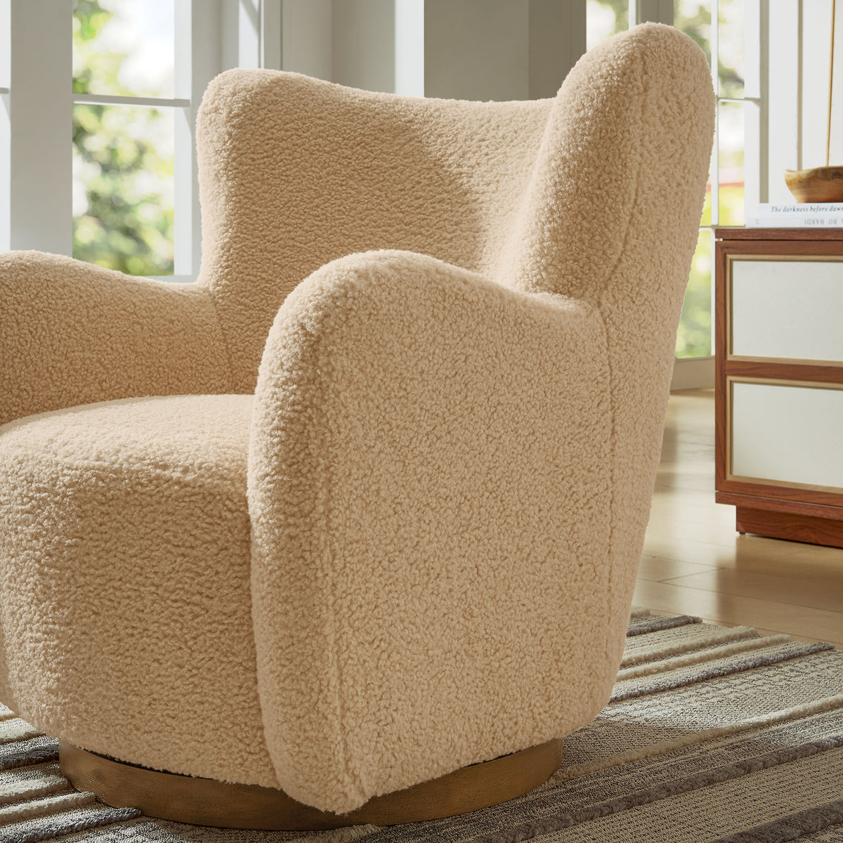 Montrose Wingback Sherpa Swivel Accent Chair - Ivory Walnut
