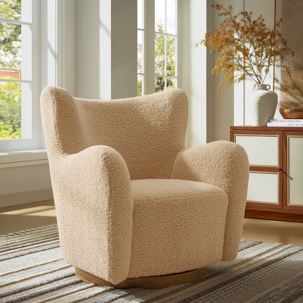 Montrose Wingback Sherpa Swivel Accent Chair - Ivory Walnut