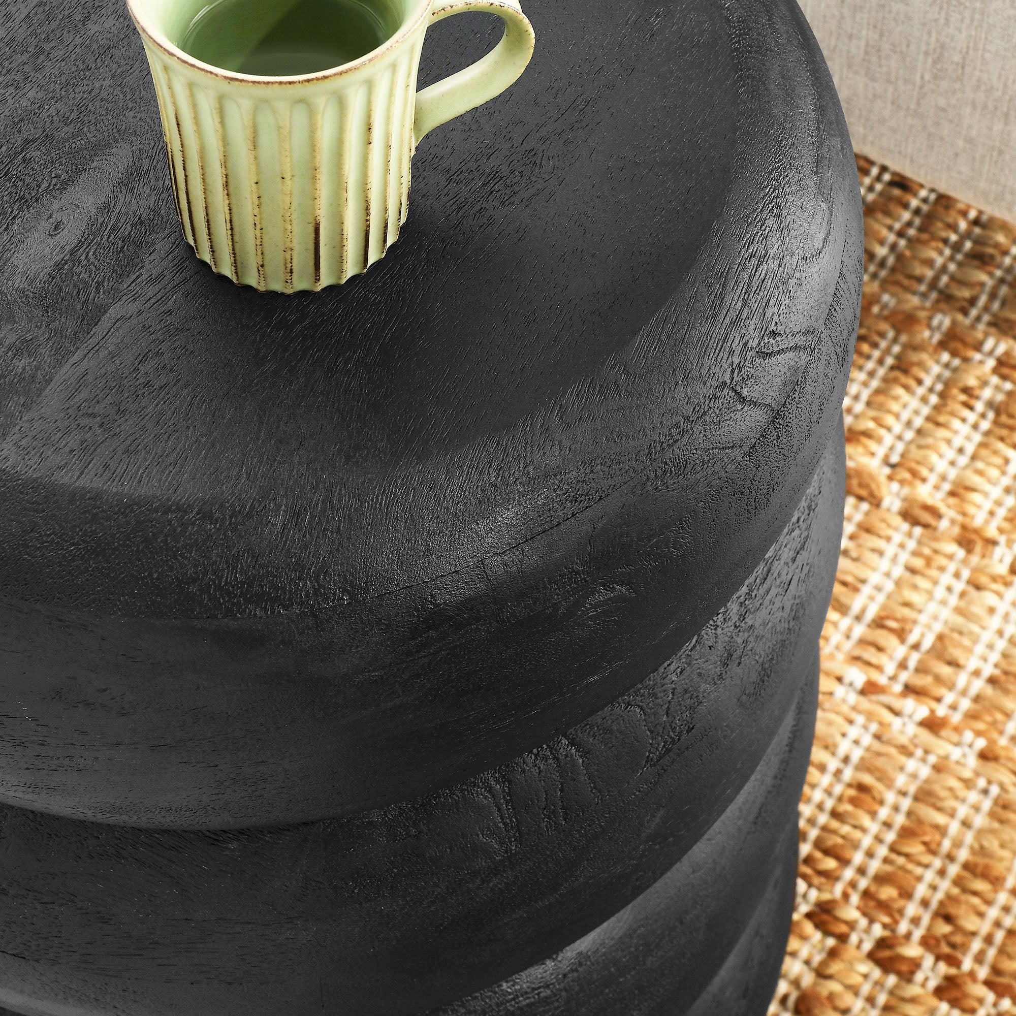 Ellery Round Stacked Wood Side Table - Wirebrush Black