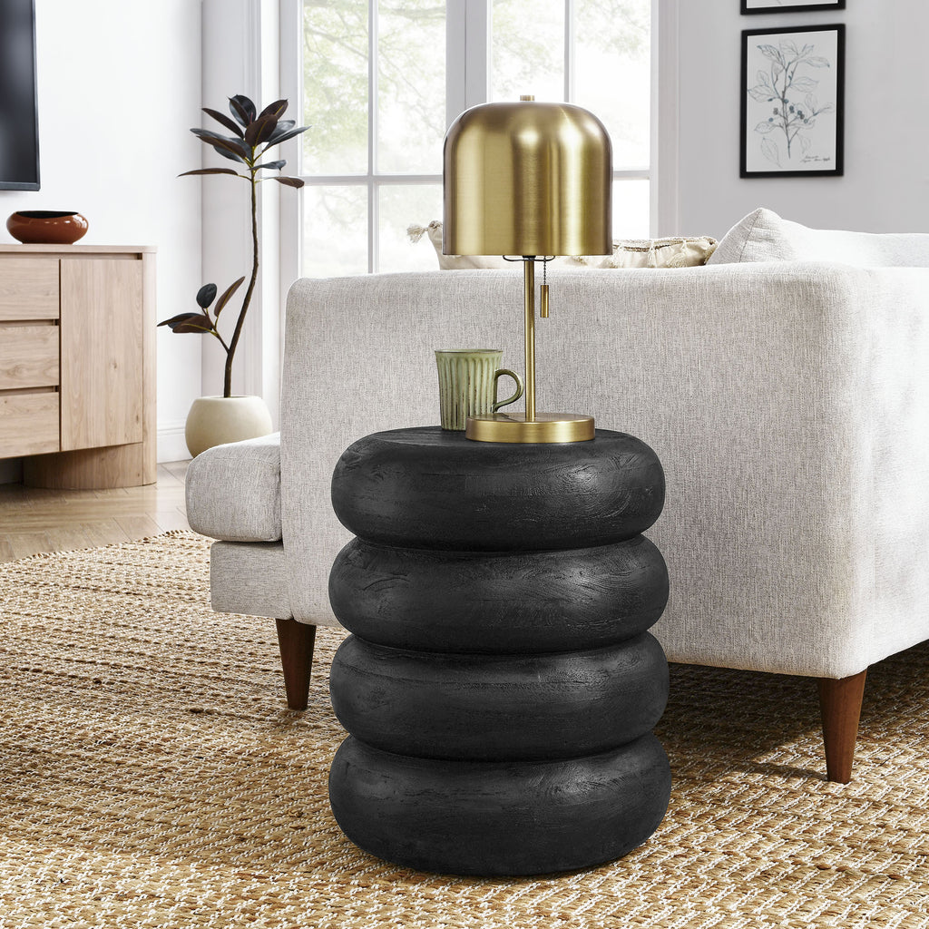 Ellery Round Stacked Wood Side Table - Wirebrush Black