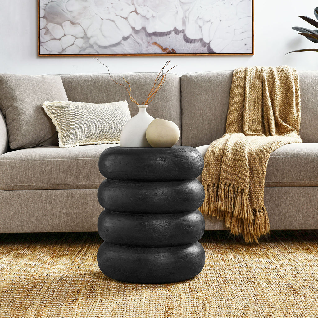Ellery Round Stacked Wood Side Table - Wirebrush Black