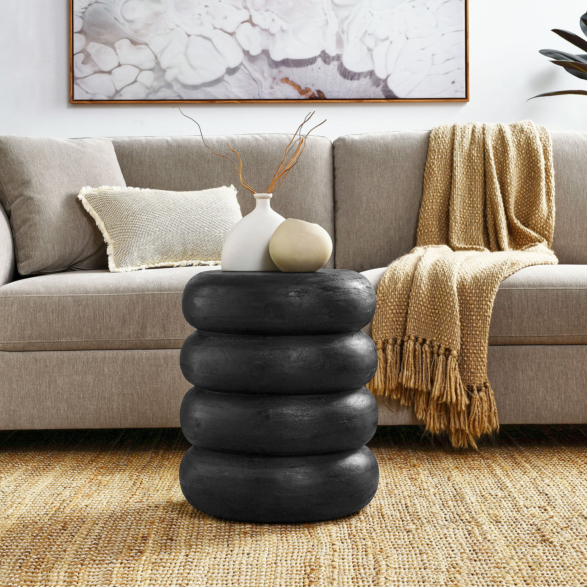 Ellery Round Stacked Wood Side Table - Wirebrush Black