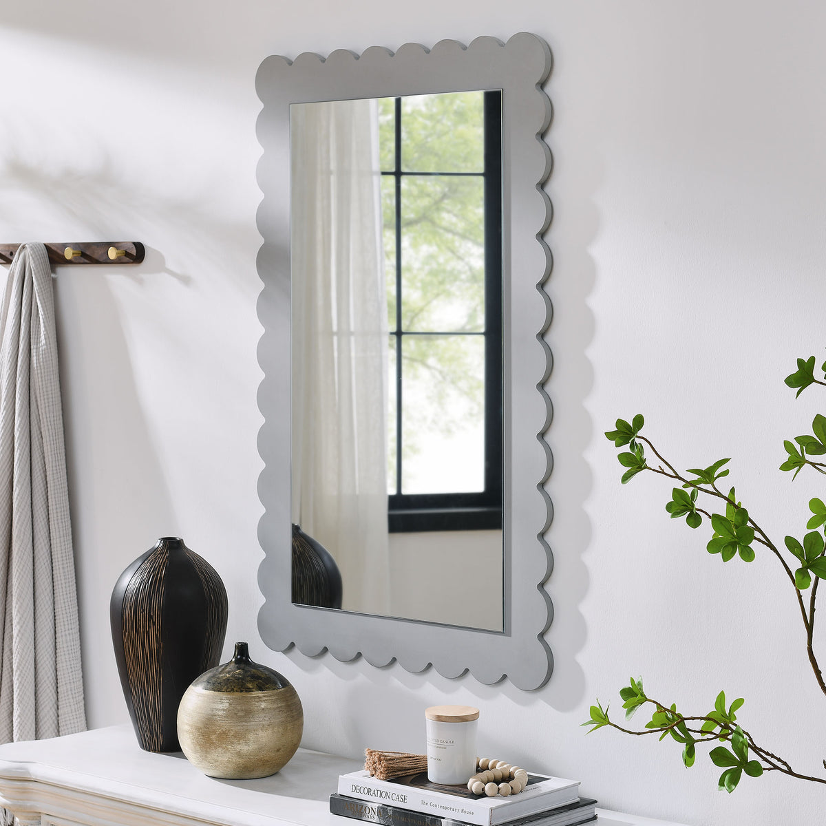 Emmeline Scalloped Rectangle Wall Mirror - Light Gray