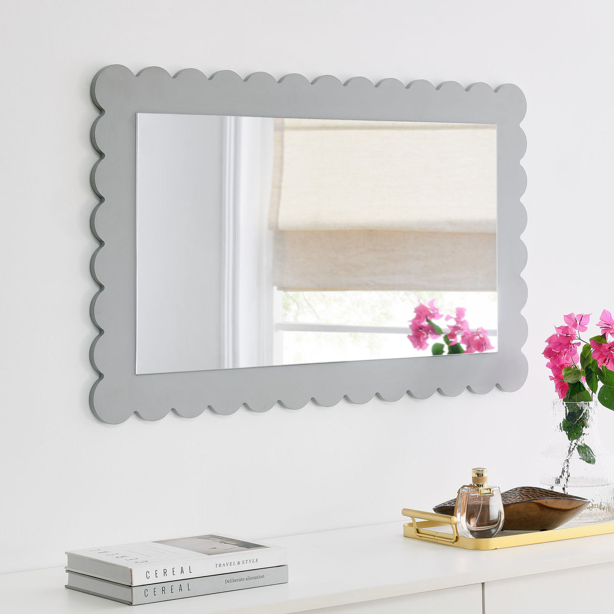 Emmeline Scalloped Rectangle Wall Mirror - Light Gray