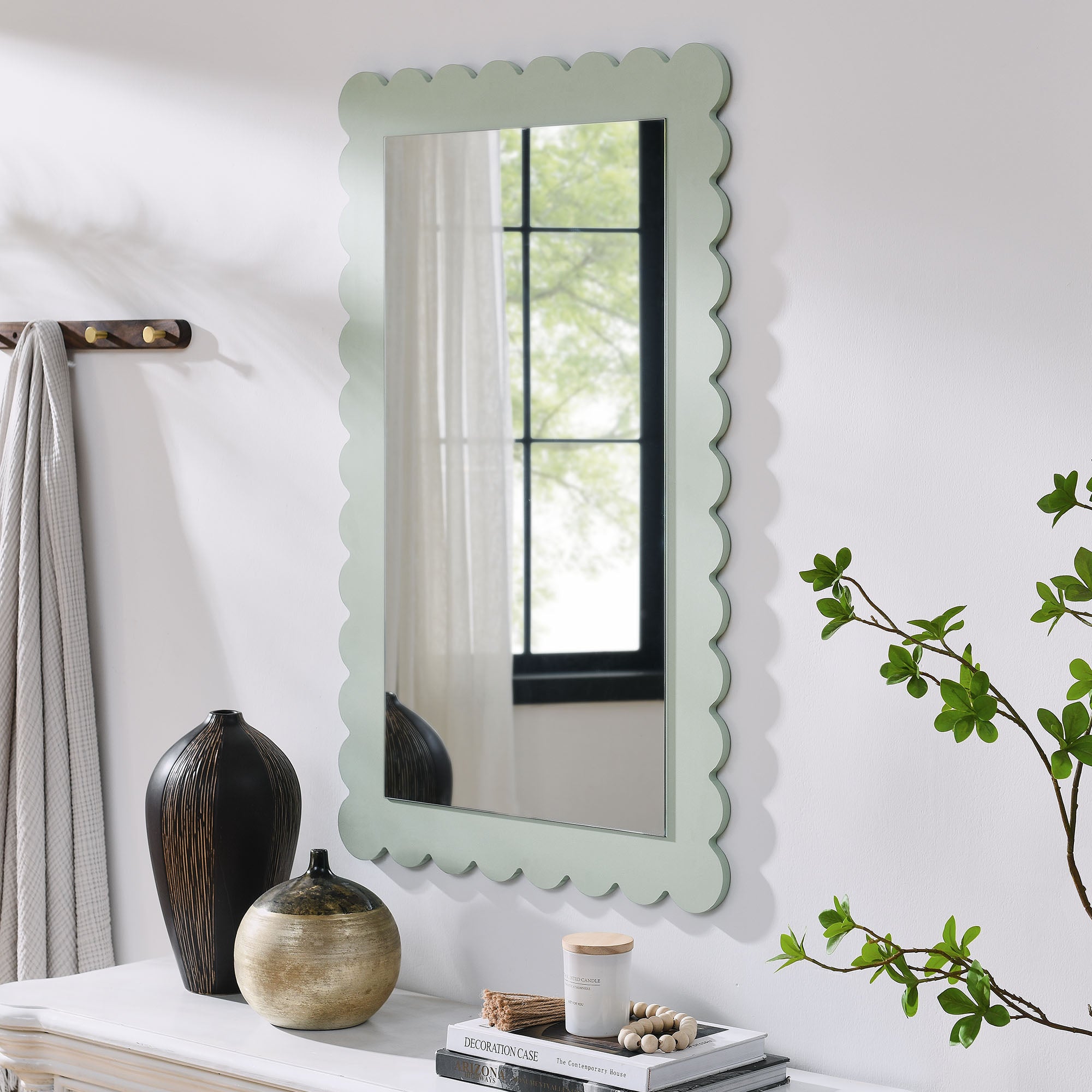 Emmeline Scalloped Rectangle Wall Mirror - Sage