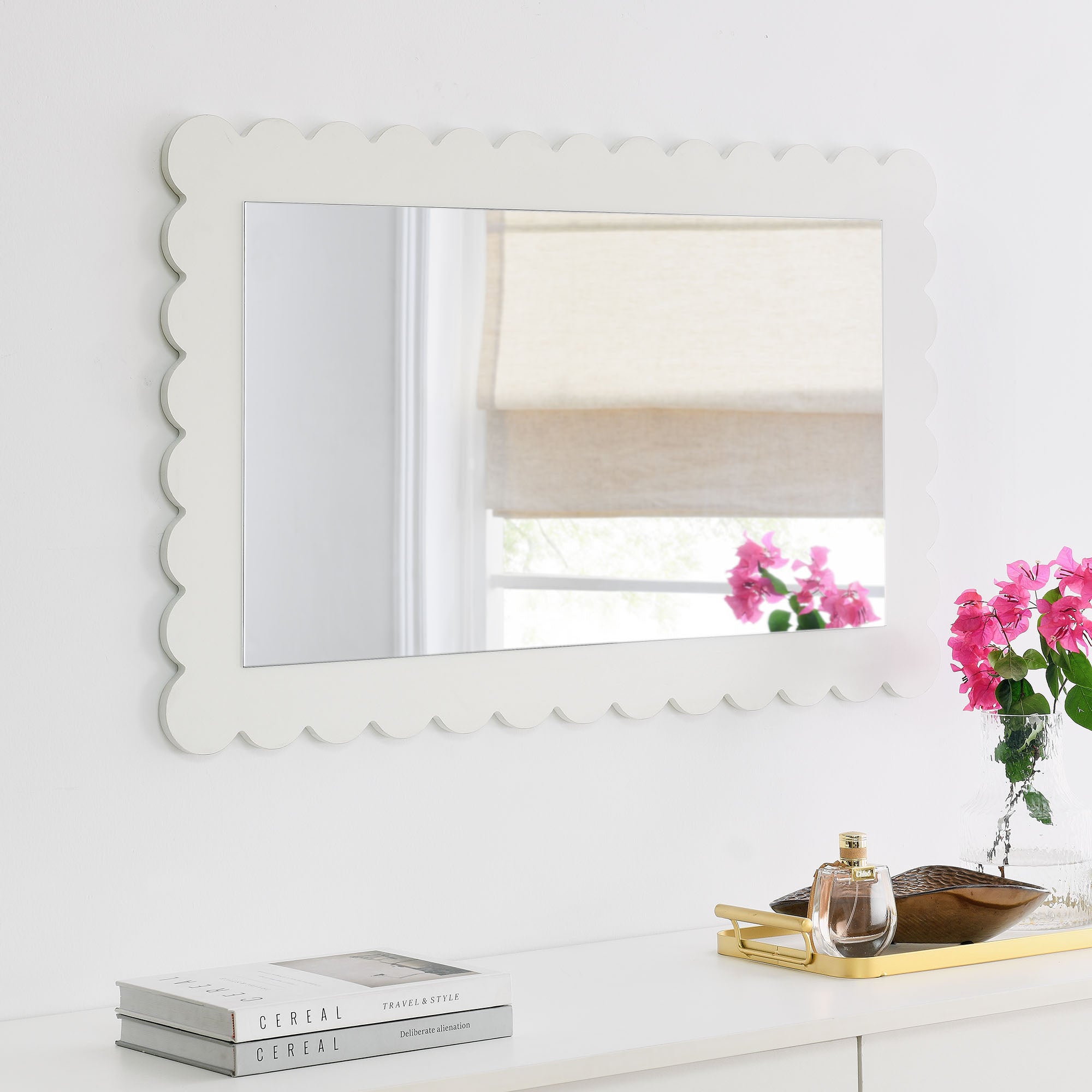 Emmeline Scalloped Rectangle Wall Mirror - White