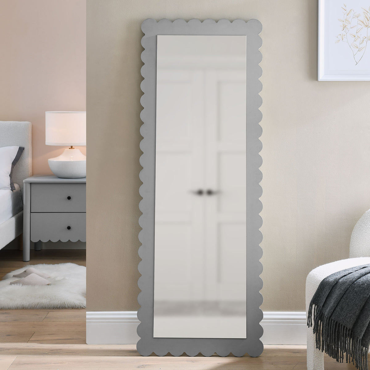 Emmeline Scalloped Rectangle Floor Mirror - Light Gray