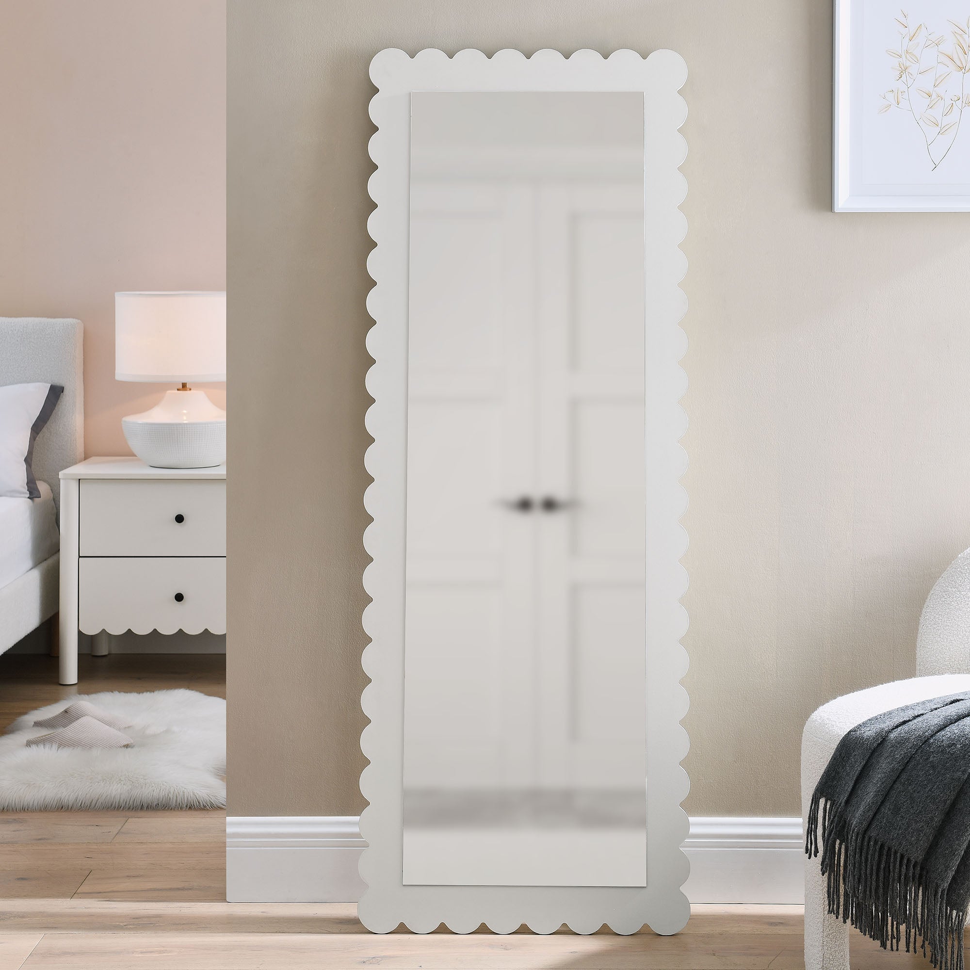 Emmeline Scalloped Rectangle Floor Mirror - White
