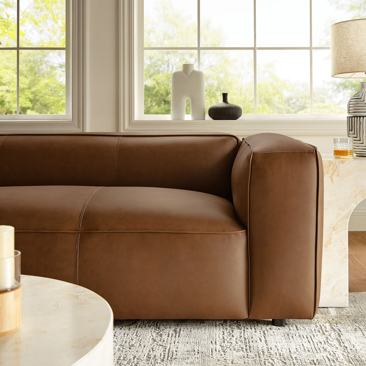 Auren Upholstered Vegan Leather Sofa - Coffee