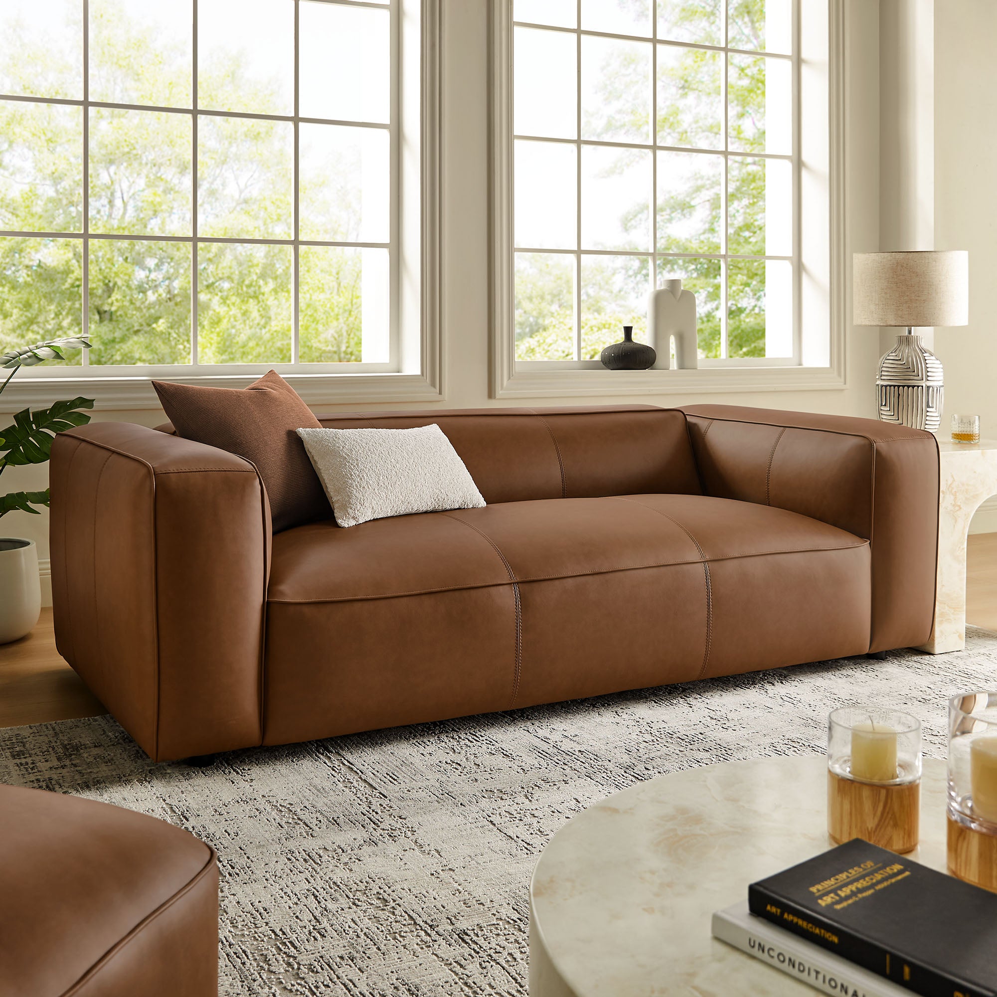Auren Upholstered Vegan Leather Sofa - Coffee