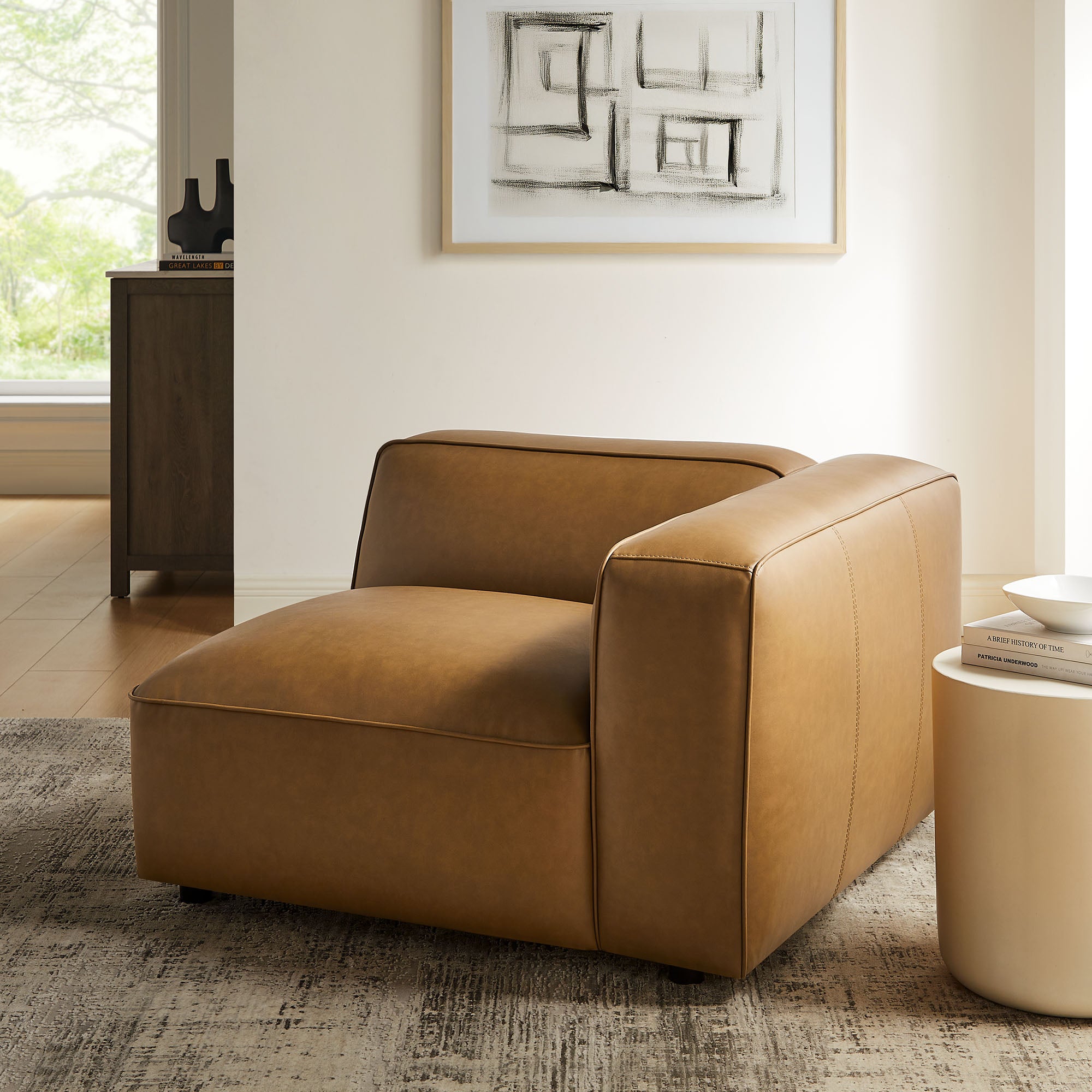 Auren Upholstered Vegan Leather Modular Right Armchair - Camel