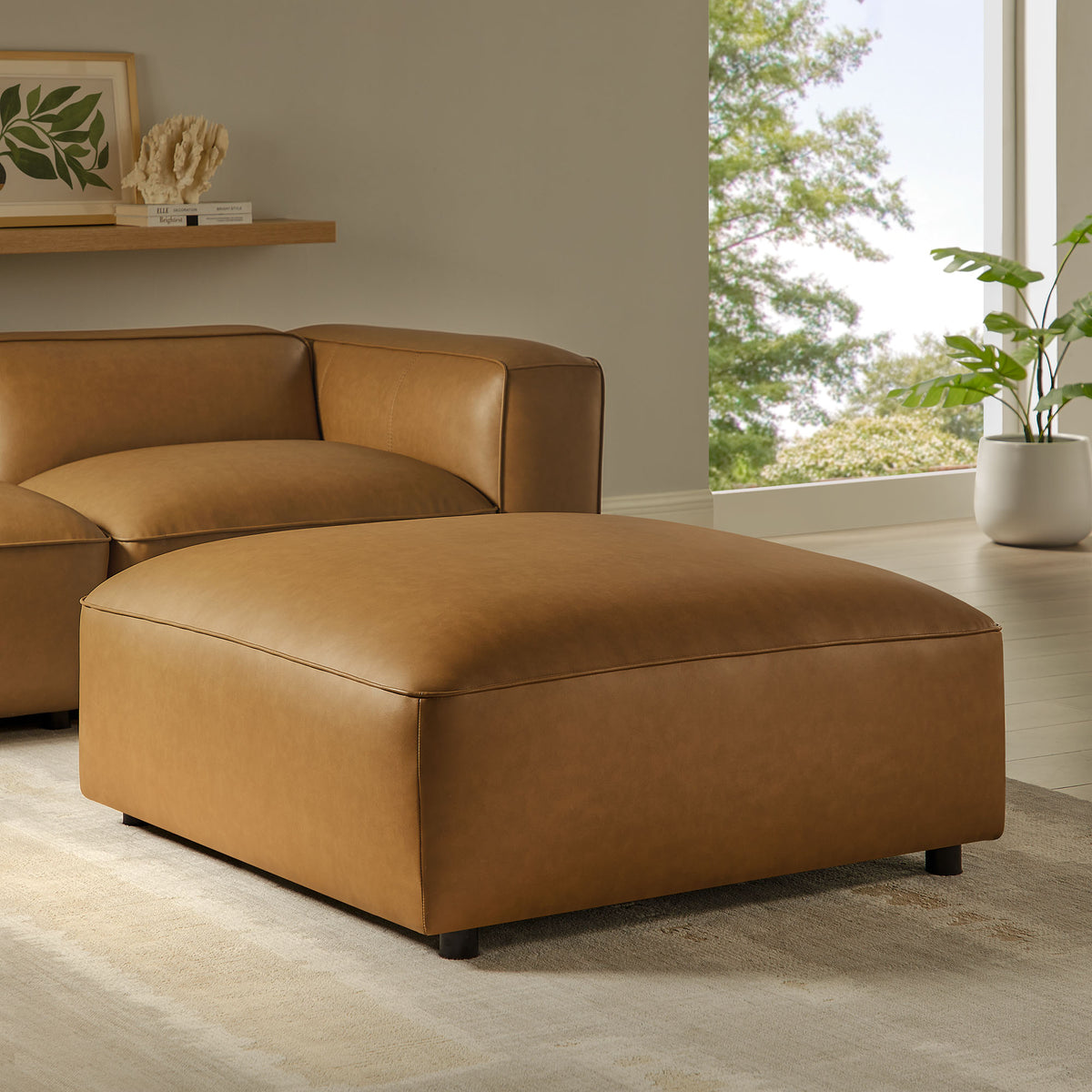 Auren Upholstered Vegan Leather Ottoman - Camel