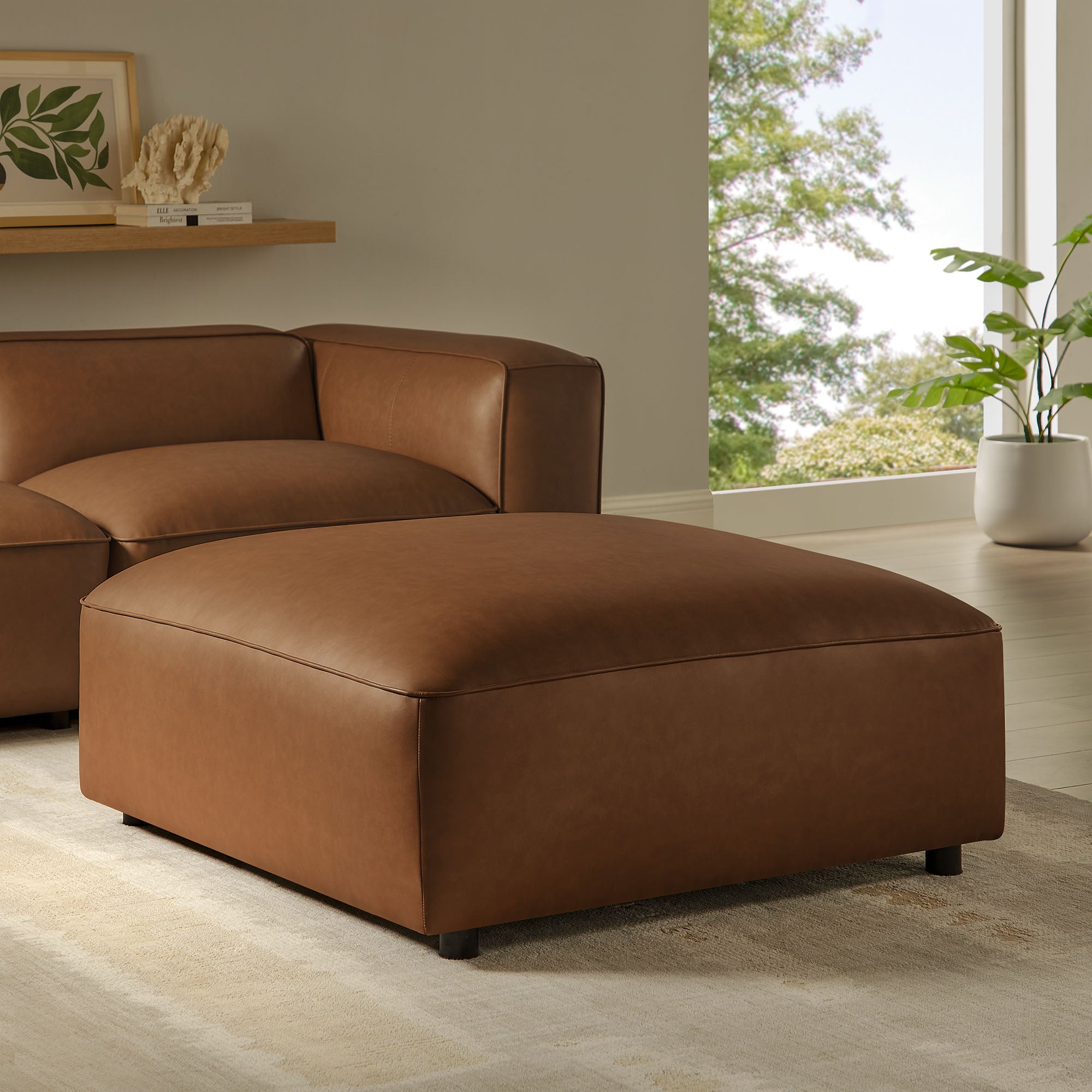 Auren Upholstered Vegan Leather Ottoman - Coffee