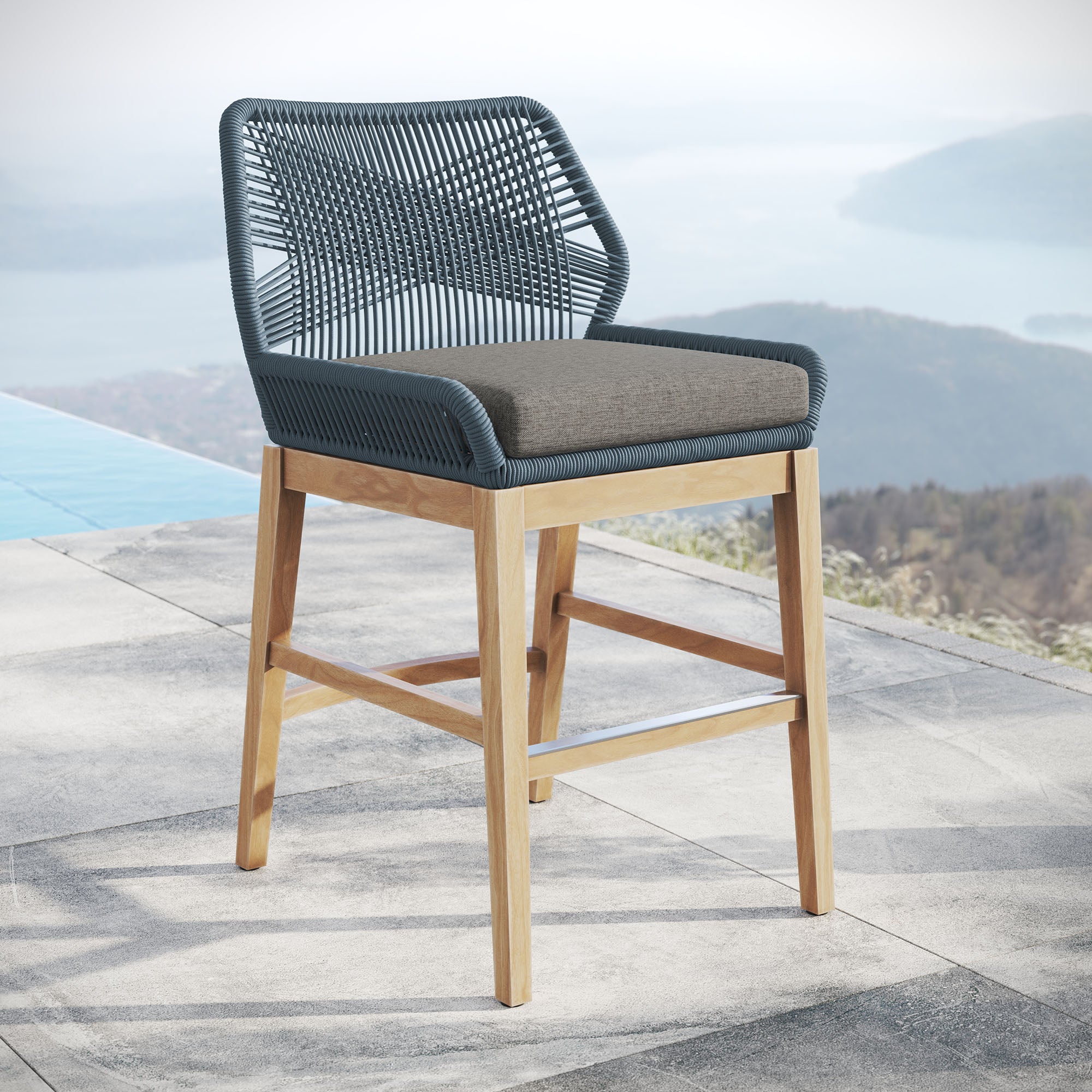 Wellspring Outdoor Patio Teak and Rope Counter Stool - Blue Graphite