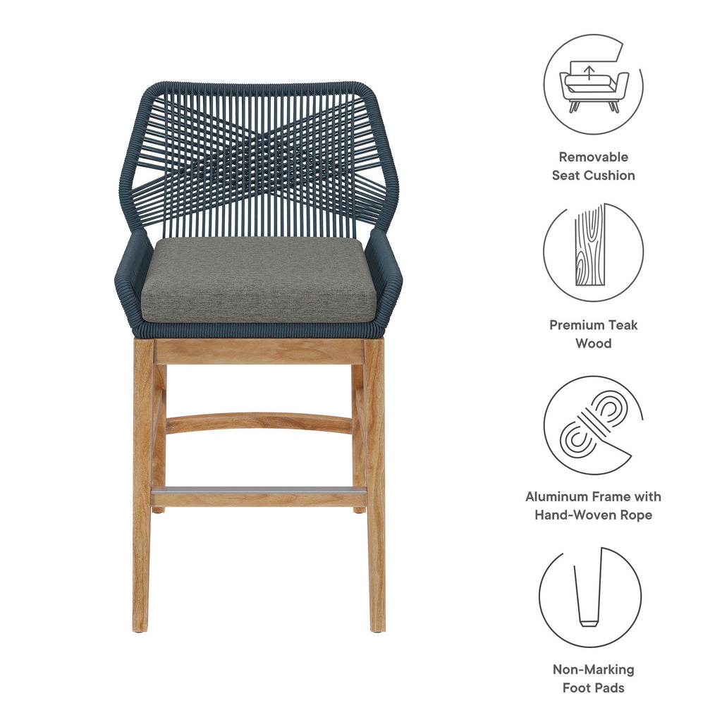 Wellspring Outdoor Patio Teak and Rope Counter Stool - Blue Graphite